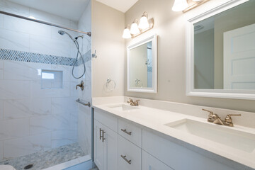 a double sink and mirrors of a bathroom in a home.