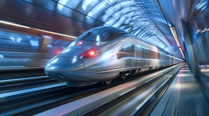 Fototapeta na wymiar A futuristic silver bullet train speeds through a sleek, modern tunnel, embodying advanced technology and fast-paced travel