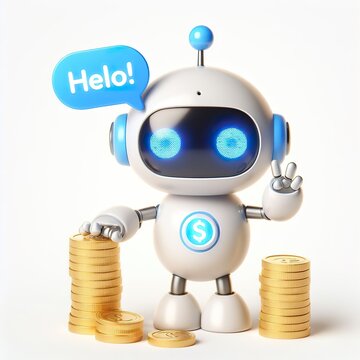 Cute character 3D image of AI Robot with coins and saying hello white background