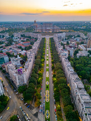 Sunset view of Bulevardul Unirii boulevard leading to the Romanian parliament in Bucharest