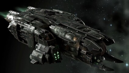 Fototapeta premium Detailed image of a science fiction spaceship with intricate design, gliding majestically through the deep space sprinkled with stars