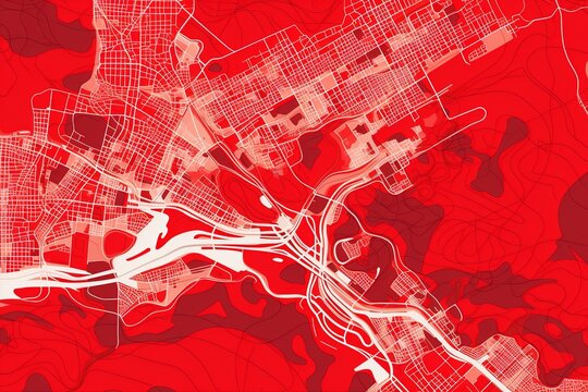 Red and white pattern with a Red background map lines sigths and pattern with topography sights in a city backdrop 