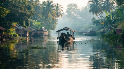 Tourists enjoy a boat ride through the scenic backwaters of Alleppey, India. Houseboat cruises are a popular tourist attraction in the state of Kerala. - obrazy, fototapety, plakaty