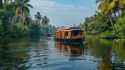Tourists enjoy a boat ride through the scenic backwaters of Alleppey, India. Houseboat cruises are a popular tourist attraction in the state of Kerala.