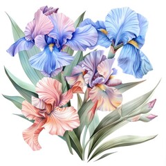 A stunning illustration featuring a bouquet of iris flowers in various hues of blues and pinks with detailed green leaves Perfect for floral themes