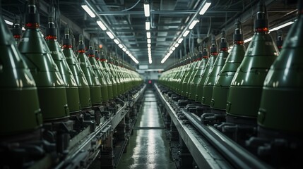 Photograph of modern high tech factory producing many artillery shells. Showing bombs, mines and other explosive devices.