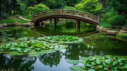 A tranquil zen pond with lily pads and a wooden bridge in a Japanese garden.