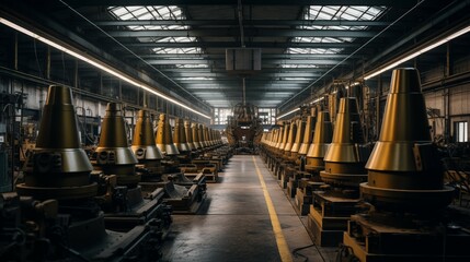 Obraz premium Photograph of modern high tech factory producing many artillery shells. Showing bombs, mines and other explosive devices.