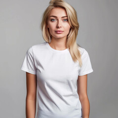 Fototapeta premium white plain t shirt, white female with blonde hair wearing it, studio light front view