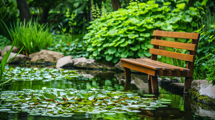 Fototapeta na wymiar A tranquil backyard pond with water lilies and a wooden bench for relaxation.