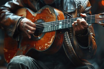 A musician plays an old, distressed guitar with focus on the detailed textures and finger placement