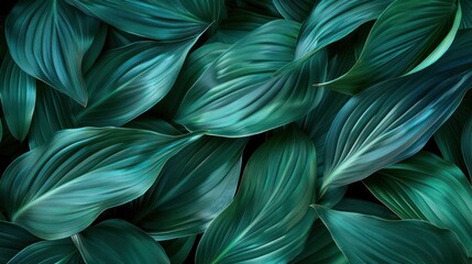 A mesmerizing closeup of verdant green tropical leaves, showcasing detailed textures and a sense of serenity and growth in nature