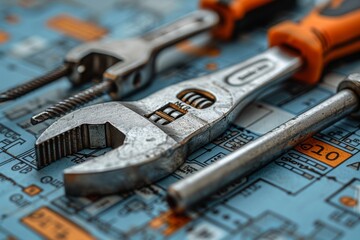Fototapeta premium Detailed macro photo of various wrenches on engineering blueprints, with focus on the equipment