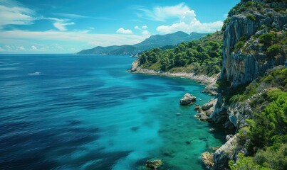 A stunning aerial view of a pristine coastline with turquoise waters, lush greenery, and rocky...