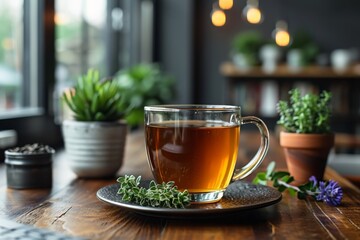A warm and inviting cup of herbal tea accompanied by fresh herbs, placed on a wood table in a cozy cafe setting