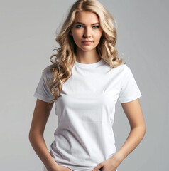 Obraz premium white plain t shirt, white female with blonde hair wearing it, studio light front view
