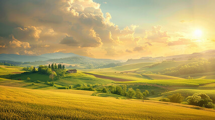A picturesque countryside farm with rolling fields and a sunny sky above.