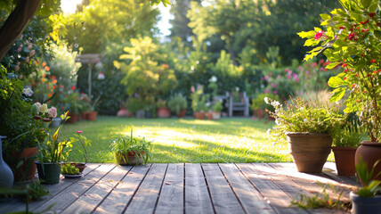 A serene backyard garden with a wooden deck and potted plants.