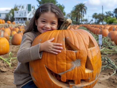A young girl is hugging a pumpkin with a smile on her face. The pumpkin has a face carved into it, which adds a playful and whimsical touch to the scene