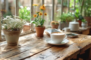 Fototapeta na wymiar A cozy setup with a steaming cup of coffee accompanied by fresh flowers on a rustic wooden table with soft natural light