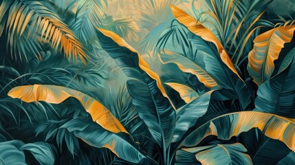 Background of tropical leaves with muted colors.
