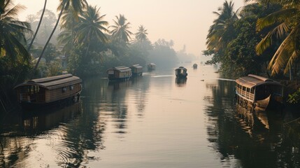 Kerala backwaters, a popular tourist spot and a way of life for locals, feature houseboats floating on their waters.