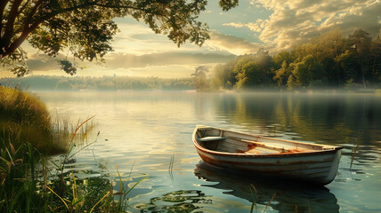 A picturesque lakeside view with a rowboat gently gliding on calm waters.
