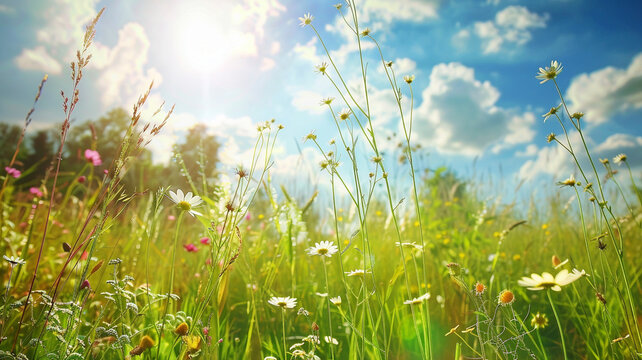 A peaceful meadow with tall grass and wildflowers under a sunny sky.
