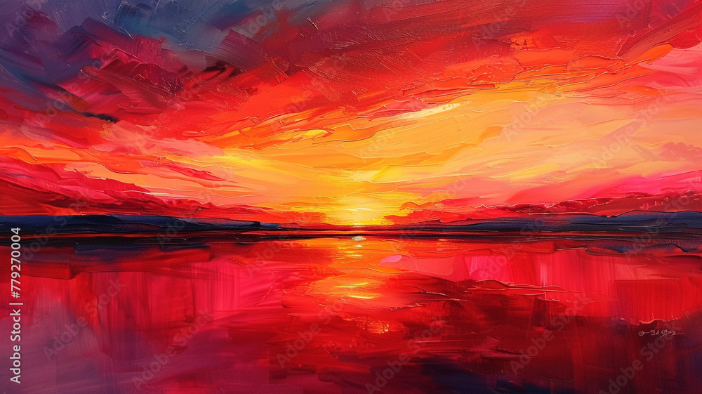 Wall mural The fiery colors of a vibrant sunrise painting the sky with shades of red and orange. - Wall murals