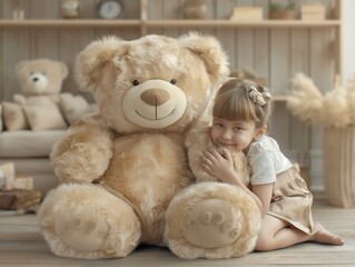 A young girl is hugging a large teddy bear. The scene is warm and inviting, with the girl and the teddy bear sharing a moment of comfort and affection