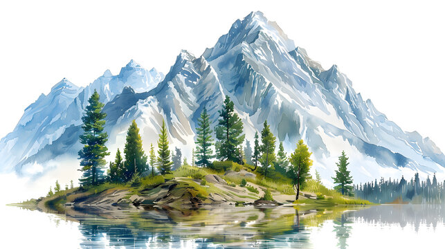 a painting of a small island in the middle of a lake with mountains in the background