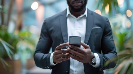 Young African American businessman holding modern smart phone in hands, checking his newsfeed or messaging online. - obrazy, fototapety, plakaty