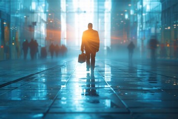 A ghostly silhouette of a businessman walking through a modern illuminated urban environment at dusk