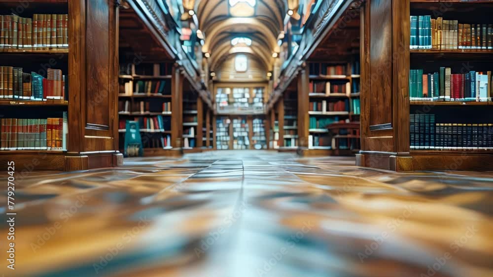 Poster large library with many books and bookshelves for learning with knowledge