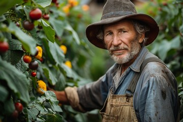 Mature farmer in a hat, overalls, and apron harvesting ripe tomatoes in a greenhouse setting