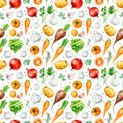 Vegetable seamless background. For advertising products, kitchen textile prints, covers, postcards, packaging.