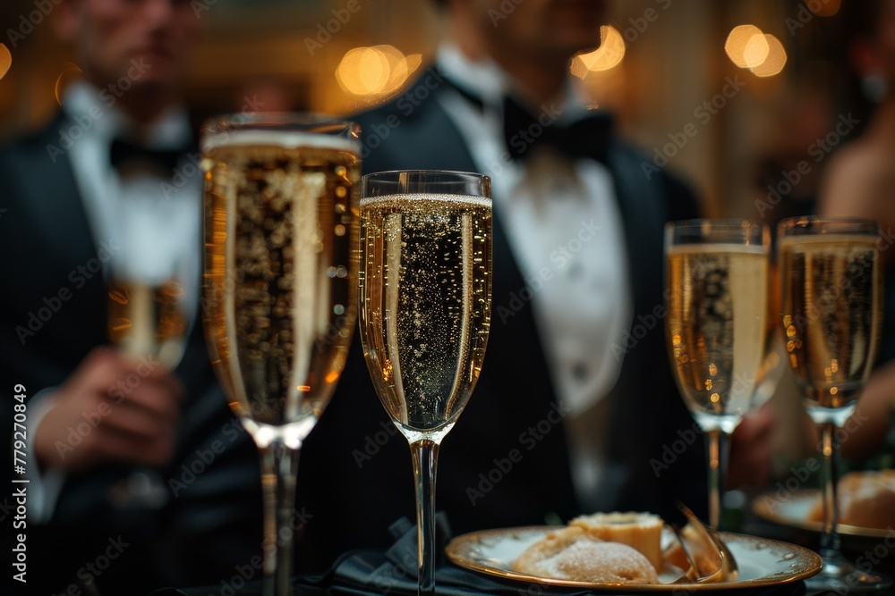 Poster an image set at a high-end event showing sparkling champagne glasses with a backdrop of sophisticate
