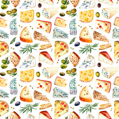 Seamless pattern of an assortment of cheese slices. Dairy products, tomatoes, olives and basil. Fresh food, italian or greek cuisine fabric print.  - obrazy, fototapety, plakaty