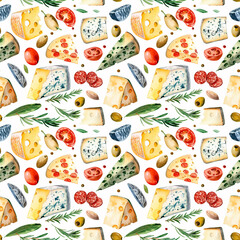 Seamless pattern of an assortment of cheese slices. Dairy products, tomatoes, olives and basil. Fresh food, italian or greek cuisine fabric print. 