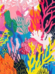 The flat illustration of coral reefs is enhanced by pastel colors. 