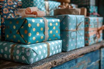 A visually pleasing image of stacked gift boxes wrapped in blue and gold polka-dotted paper, symbolizing celebration and generosity