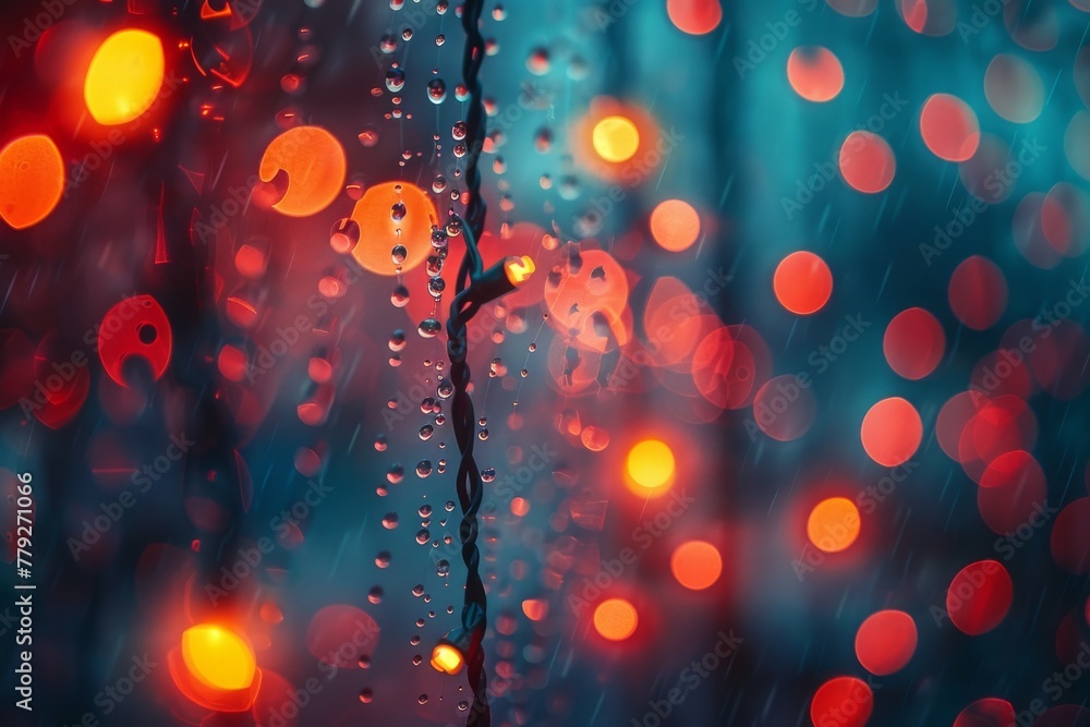 Poster raindrops trail down a windowpane against a backdrop of whimsical bokeh lights, evoking a sense of c