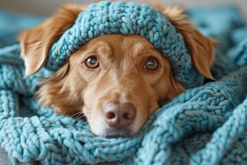 A warm and comfortable setting showcasing a blue knitted blanket and the paws of a dog peeking...