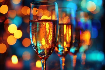 Two glasses of champagne backlit by vibrant, circular bokeh lights, convey a mood of celebration and revelry - obrazy, fototapety, plakaty
