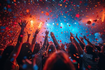 A high-energy crowd with raised hands enjoys the dynamic atmosphere of a live concert with vibrant...