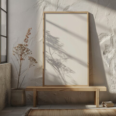 frame modern 10 x 14, frame is on floor against the wall, vertical poster frame, frame is made of light wood, subtle lighting background
