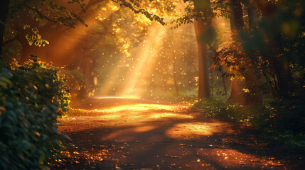A path in a forest with sunlight shining through the trees. AI.