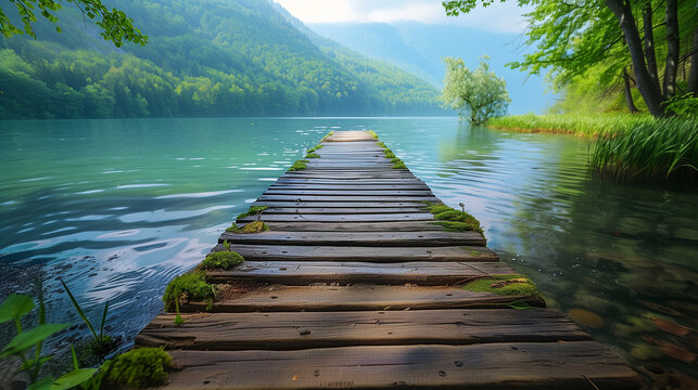 A wooden bridge spans a body of water. AI.