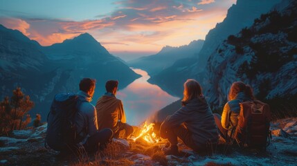 Group of friends sitting by the fire on top of the mountain, enjoying the view after hiking.