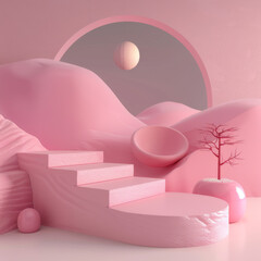 Abstract digital landscape with pink tones, geometric steps, and minimalistic trees under a round moon.